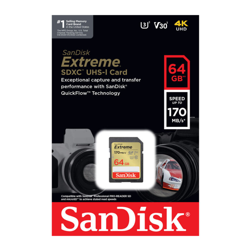 SD SDISK Memory Card 64GB Extreme 170MBS C10 V30 UHD 4K