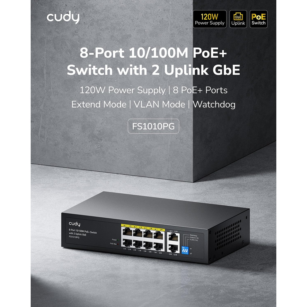 Switch Poe+ 8 Ports 10/100 2 Uplink 120w Cudy Fs1010pg