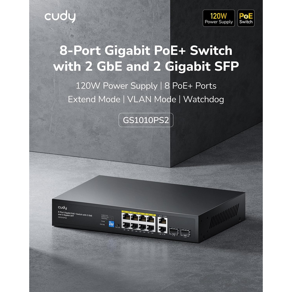 Switch PoE+ 8 Ports 120W 2 Uplink 2 SFP Gigabit 250M IP